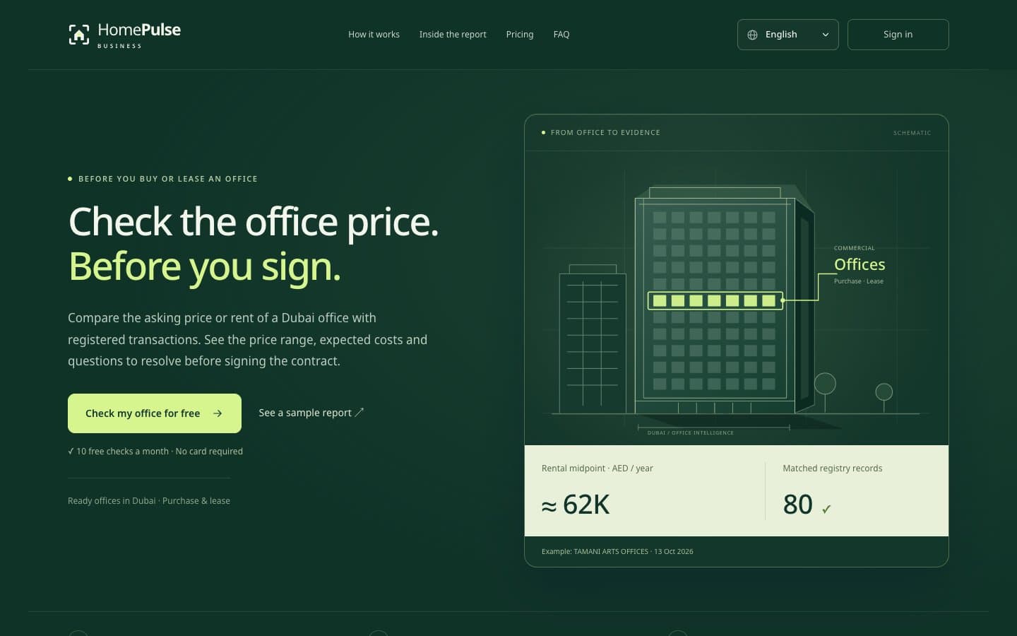 HomePulse for Business homepage: office purchase and lease price checks