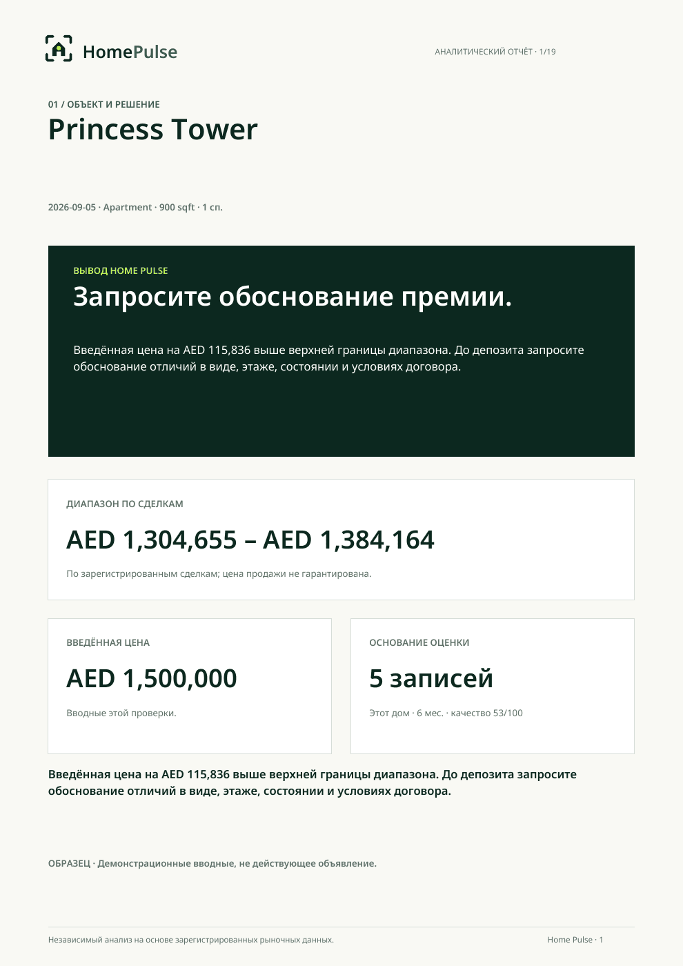Пример отчёта Home Pulse: диапазон цены и сравнение с рынком. Демонстрационные данные.